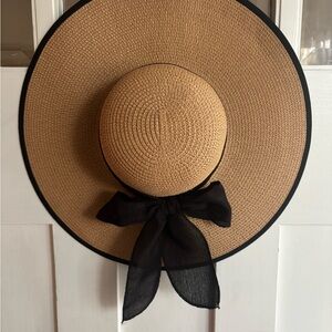 Chic Tan Sun Hat with Black Bow